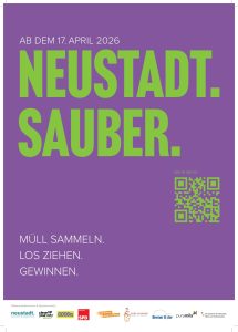 Plakat zur Ankündigung: Neustadt Sauber Startet ab dem 17. April 2026. Müll sammeln, Los ziehen, Gewinnen.